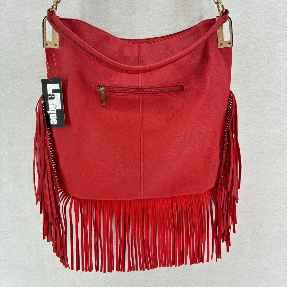 LaTique Red Studded Fringe Hobo Bag Vegan Leather Boho Western Festival Cowgirl
